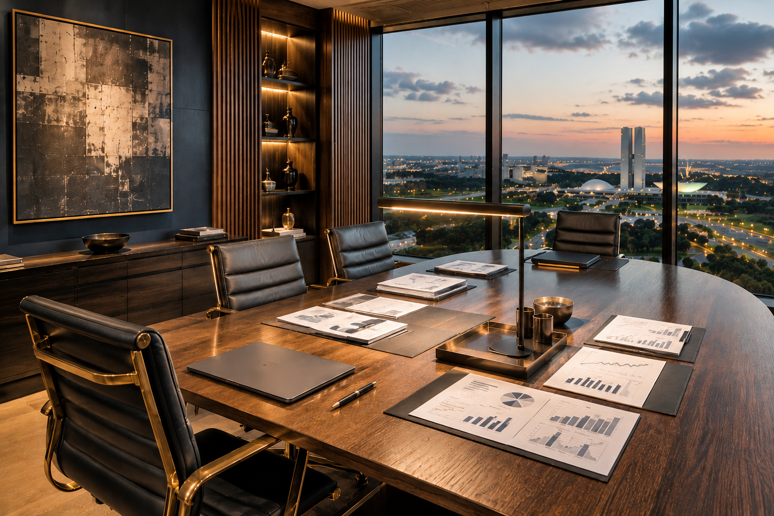 Sala de reunião executiva com vista para Brasília ao entardecer