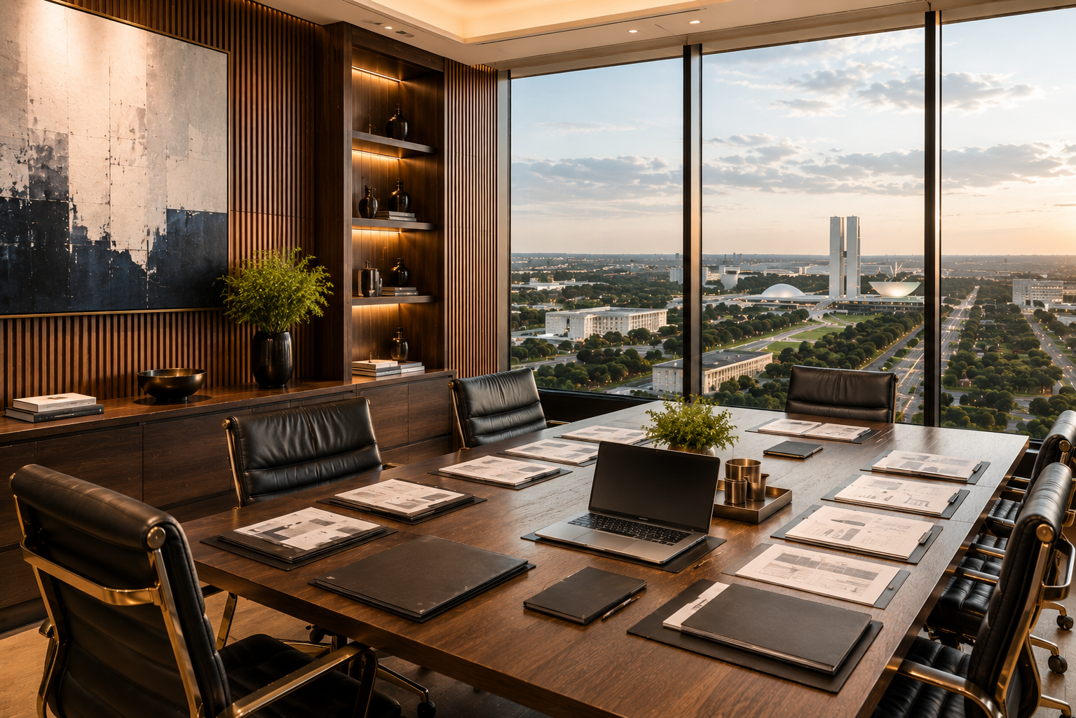 Sala de reunião com vista para o eixo monumental de Brasília