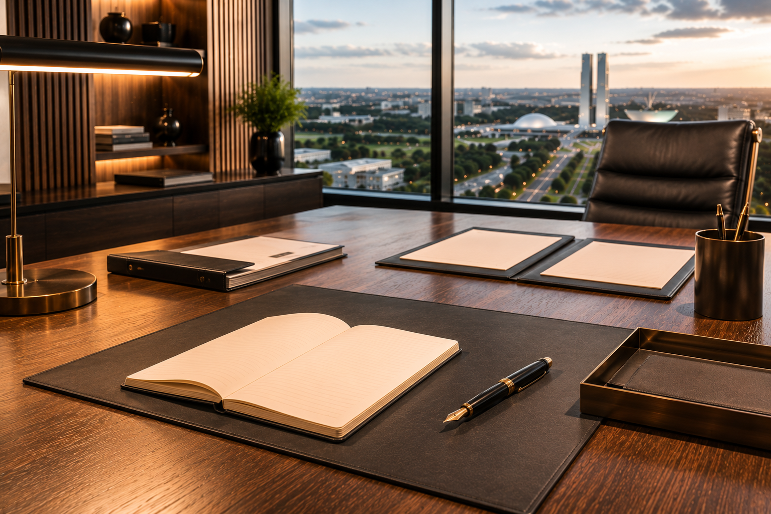 Mesa de trabalho com caderno aberto e vista para Brasília