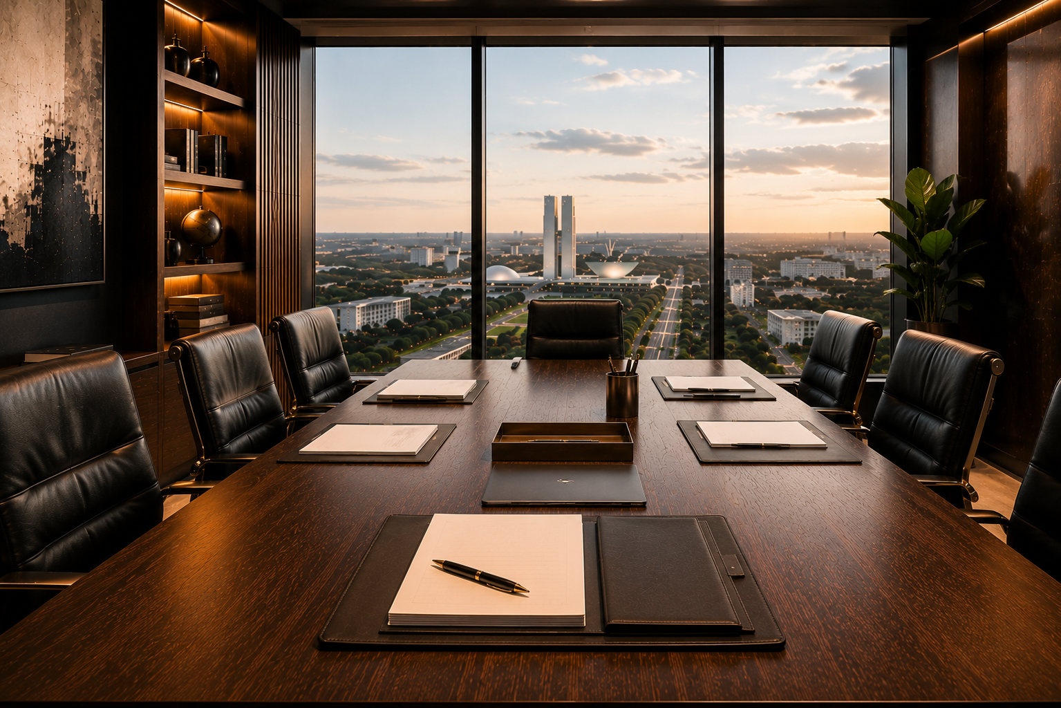 Mesa de reunião extensa, vista panorâmica de Brasília ao entardecer